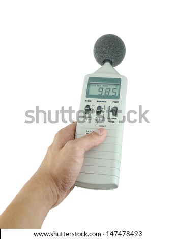 sound level meter holding on hand Royalty-Free Stock Photo #147478493