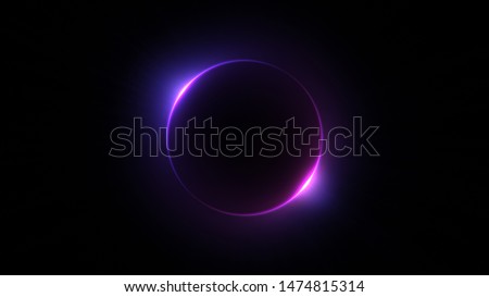 Template for text : Blue and purple neon glowing glare circle with rays. Frame isolated on black background