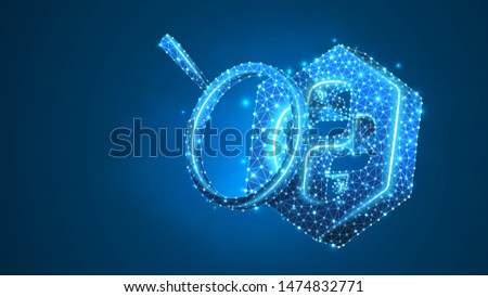 Magnifying glass analysis of Python coding language sign. Code analytics, development concept. Abstract, digital, wireframe, low poly mesh, vector blue neon 3d illustration. Line, dot