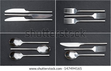 Collage of modern cutlery images on rustic style background
