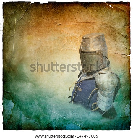 Armored knight in helmet with shield - retro postcard on square vintage paper background