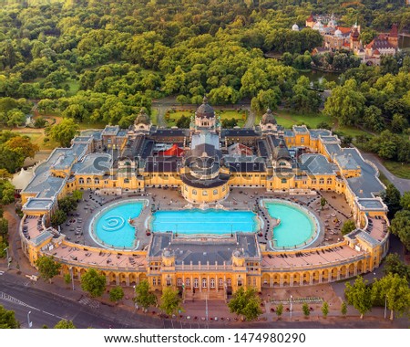 Europe, Hungary, Budapest. Aerial Photo from a thermal bath in Budapest. Szechenyi thermal bath in the city park of Budapest.  Royalty-Free Stock Photo #1474980290
