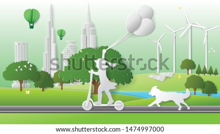 Paper folding art origami style vector illustration. Green sustainable energy ecology development, environment friendly concept. Child riding electric scooter in park beautiful city nature background.