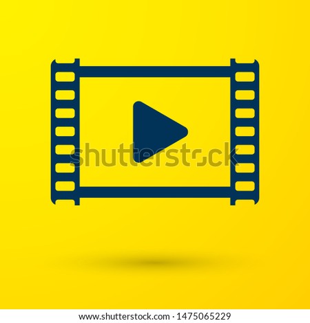Blue Play Video icon isolated on yellow background. Film strip with play sign