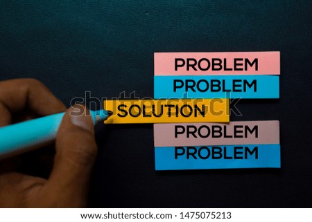 Problem or Solution text on sticky notes isolated on Black desk. Mechanism Strategy Concept