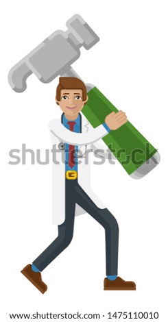 A doctor cartoon character mascot man holding a big hammer business concept