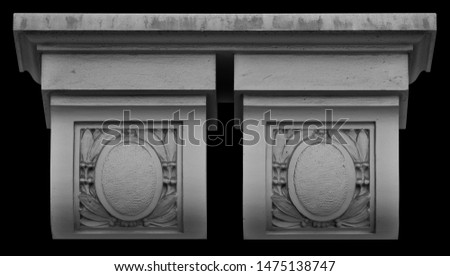 Elements of architectural decorations of buildings, columns and capitals, gypsum moldings, wall textures and patterns. On the streets in Catalonia, public places.