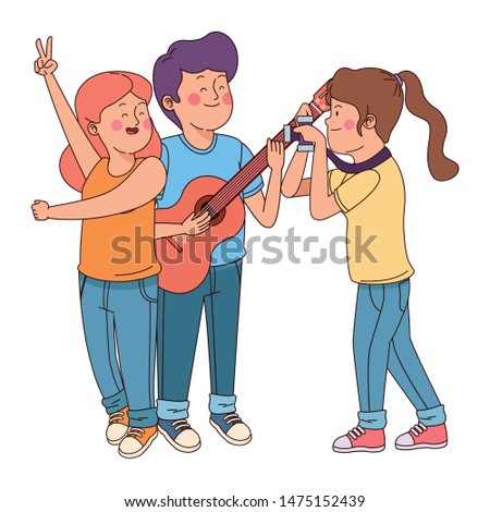 Teenagers friends playing guitar and singing cartoon isolated,vector illustration graphic design.