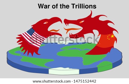 A simple depiction of an American bald eagle with stars and stripes and a Chinese dragon with the Chinese flag face to face screaming at each other hovering over the earth
