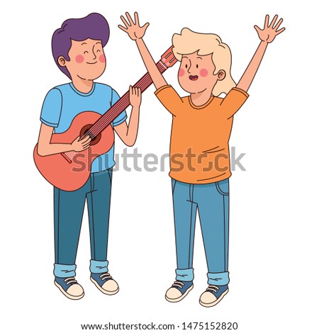 Teenagers friends playing guitar and singing cartoon isolated,vector illustration graphic design.