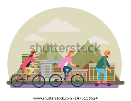 Young people riding on bicycles and skateboard with accesories in the city urban buildings scenery in the city urban scenery background ,vector illustration graphic design.