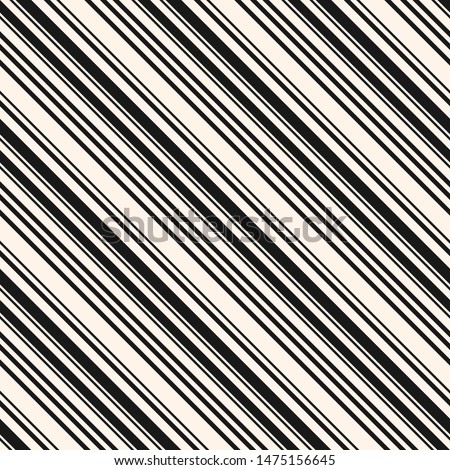 Diagonal stripes seamless pattern. Simple vector lines texture. Black and white abstract geometric striped background. Thin and thick monochrome strips. Minimal repeat design for print, decor, textile