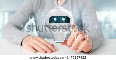 View of Businessman holding Chatbot with binary code 3d rendering