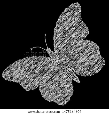 The butterfly is drawn by a line in the form of repeating curls. Butterfly on a black background in white.