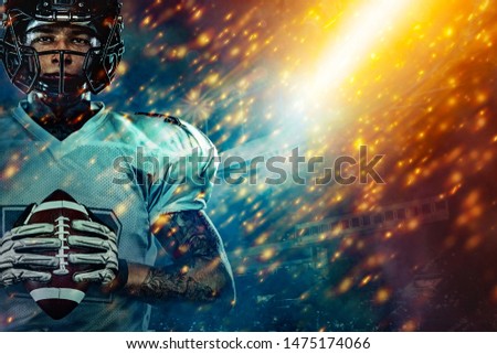 American football sportsman player on stadium running in action. Sport wallpaper with copy space.  Sports betting. Bets in the mobile application.