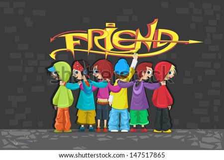 illustration of friends painting Happy Friendship Day graffiti