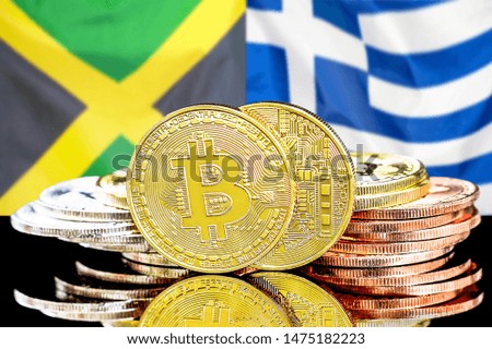 Concept for investors in cryptocurrency and Blockchain technology in the Jamaica and Greece. Bitcoins on the background of the flag Jamaica and Greece.