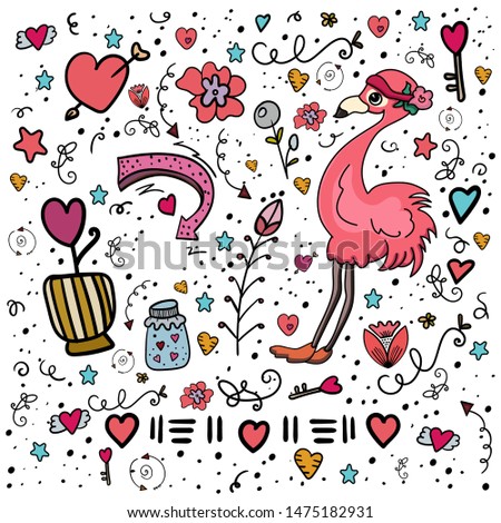 Bundle set with Flamingos and decorative elements: key, heart, arrow, flowers, curls. Illustration in cartoon style