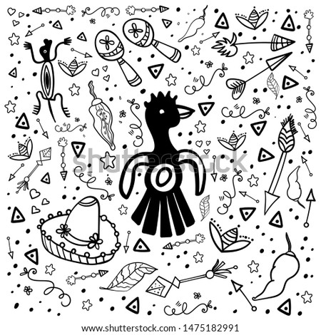 Coloring page or book. Set Mexican Party. Mexican traditional holiday. Cinco de Mayo Mexican traditional fiesta and Mexico holiday. - Vector. Vector illustration