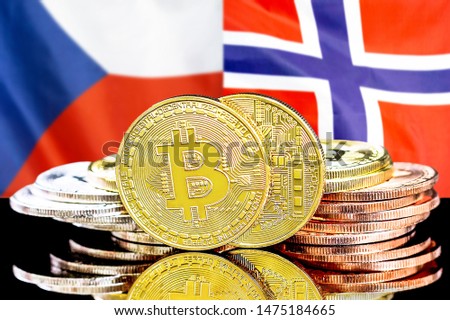 Concept for investors in cryptocurrency and Blockchain technology in the Norway and Czech Republic. Bitcoins on the background of the flag Norway and Czech Republic.