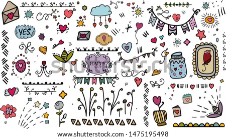 Scrap Set Elements. Birthday. Hand drawn colorful floral, around, heart, vector arrows. Doodle set from different elements. Romance. Holiday in February. Valentine card, postcard, banner. - Vector. 