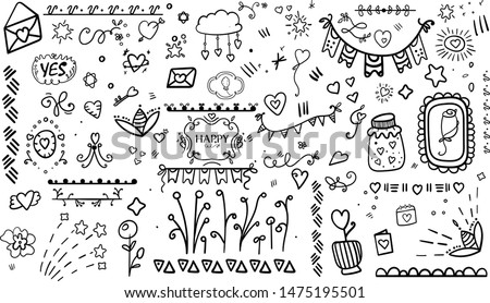 Scrap Set Elements. Cozy Hygge style. Birthday. Hand drawn colorful floral, around, heart, vector arrows. Doodle set from different elements. Hygge comfort. Cozy. Romance. Holiday in February. Vector