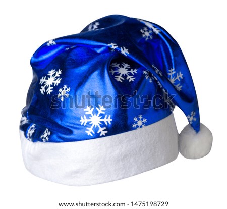 Santa Claus blue hat isolated on white background .Santa Claus  hat with snowflakes that is for wearing on Christmas Day.beautiful hatn Santa front side view
