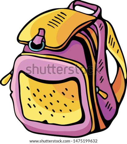 Backpack for girl, vector pattern isolated on white background. Cartoon Doodle of cute, colorful illustrations. Funny works of art. Hand-drawn sketch. Logo design, symbol, emblem, sticker.