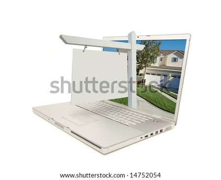 Blank Real Estate Sign & New Home on Laptop isolated on a white Background.