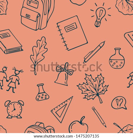 Back To School seamless Pattern Background.  Graphic by hand. Vector Pattern for wallpaper wrapping paper. Illustration with modern line icons school supplies. Set of drawings related to the school.