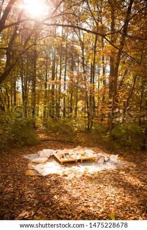 Relaxing picnic table in the park in autumn time