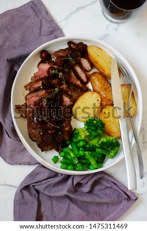 steak with mushroom sauce and potatoes..style rustic.selective focus
