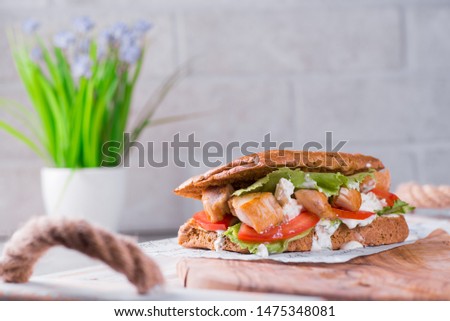 
juicy sandwich with tomatoos feta chicken breast tuna cucumber with sauce