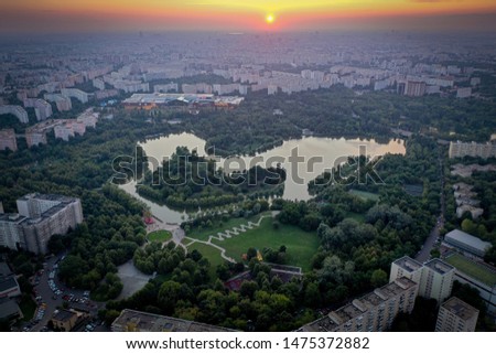 Bucharest drone view at sunset,  with river/lake