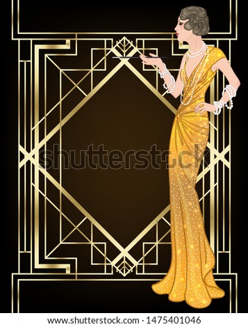 Art Deco vintage invitation template design with illustration of flapper girl. patterns and frames. Retro party background set in 1920's style. Vector for glamour event, thematic wedding or jazz party