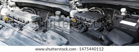 Washing car engine. Car wash service before and after washing. Cleaning maintenance. Half divided picture. Before and after effect. Washing vehicle engine at the station. Car washing concept. 