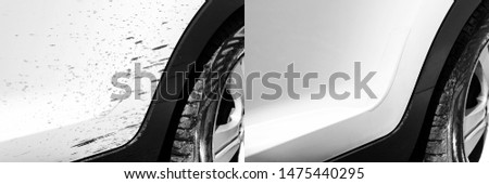 Washing car bitumen stain. Car wash service before and after washing. Cleaning maintenance. Half divided picture. Before and after effect. Washing vehicle at the station. Car washing concept. 