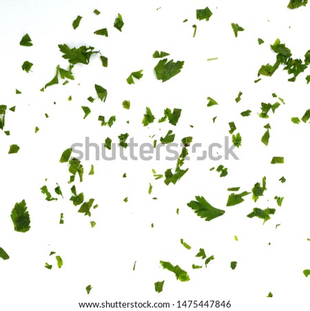 Fresh green chopped parsley leaves isolated on white background and texture, top view. Chopped parsley on a white background isolated. Chopped Parsley Leaves. Fresh Herbs  Royalty-Free Stock Photo #1475447846