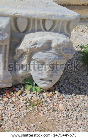 Photo taken in the Turkish city of Side. The picture shows part of the decoration of the ancient temple of Apollo in the form of the head of a jellyfish.