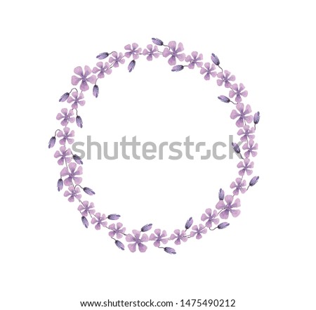 Wreath of purple and watercolor flowers on a white background.