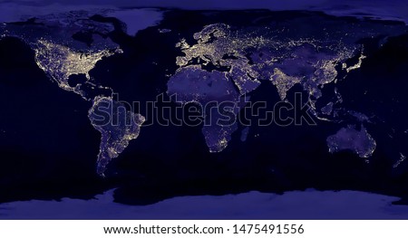 Earth night view from space map with city lights satellite-based observations. "Elements of this image furnished by NASA light pollution map Royalty-Free Stock Photo #1475491556