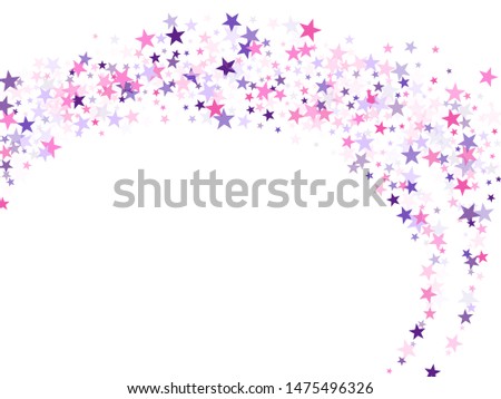 Flying stars confetti holiday vector in pink violet purple on white. Fireworks sparkles festival symbols. Party stars pattern graphic design. Magical starry bright card decoration.