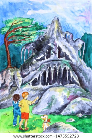 A boy and a girl with a cute dog in front of a mystic monster cave - handmade watercolor illustration.