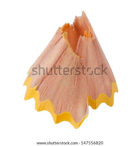 Closeup of pencil shaving isolated on white background.