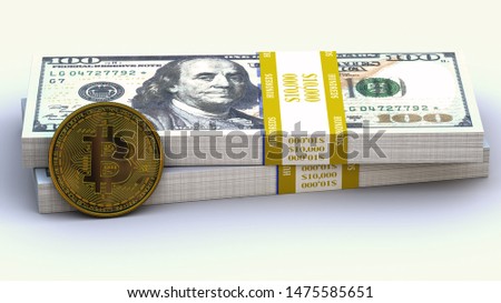 Bitcoin next to two stacks of $10K in bills, total of 20 thousand ($20K). Royalty-Free Stock Photo #1475585651
