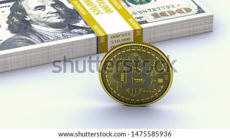 Bitcoin next to $10K stack of cash us dollars bills Royalty-Free Stock Photo #1475585936