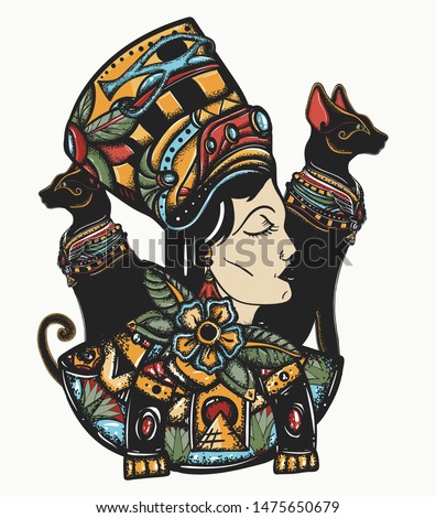 Ancient Egypt. Portrait egyptian queen Nefertiti and two black cats. Strong and independent woman. Old school tattoo  and t-shirt design 