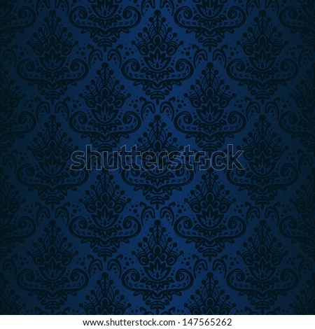 Hand drawn seamless dark blue damask background