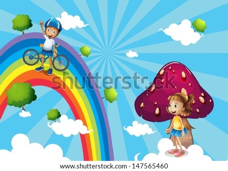 Illustration of a boy biking in the rainbows