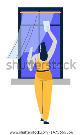 Washing windows, cleaning service or housekeeping, isolated female character vector. Woman or housewife with cloth polishing glass, household chore. Cleanliness and hygiene maintenance or housework